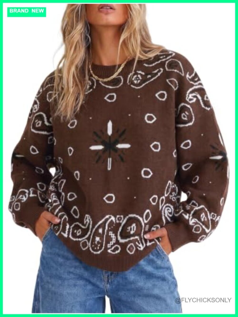 Womens Oversized Bandana Paisley Knit Pullover Sweater Long Sleeve